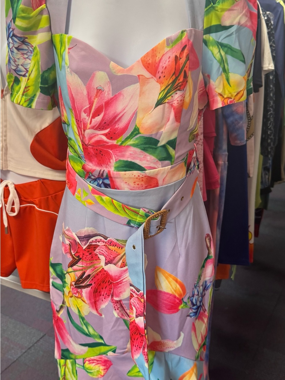 Floral Puff-Sleeve Midi Dress in Multi-Color